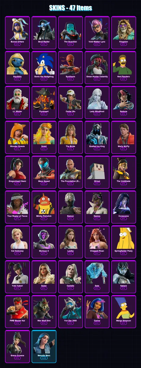 [PC] | Bunnii O'Hare | Skull Raider | The Guardian | Void Walker Lynx | Kingston | 47 skin | 53 pickaxe | 33 emote | 29 glider | Lv155 — Game account