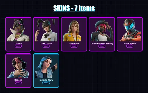 [PC/PSN] | Danica | Yuki Yubari | The Bride | Omen Hunter Calamity | Maxx Speed | 7 skin | 7 pickaxe | 2 emote | 5 glider | Lv90