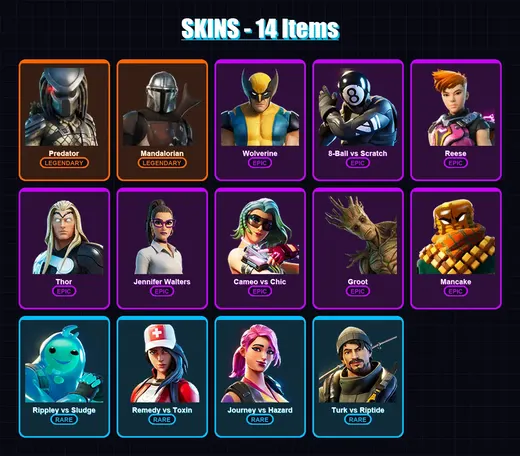 [PS4/PS5/XBOX/PC] | Predator | Mandalorian | Wolverine | 8-Ball vs Scratch | Reese | 14 skin | 14 pickaxe | 9 emote | 17 glider | Lv224 — Game account