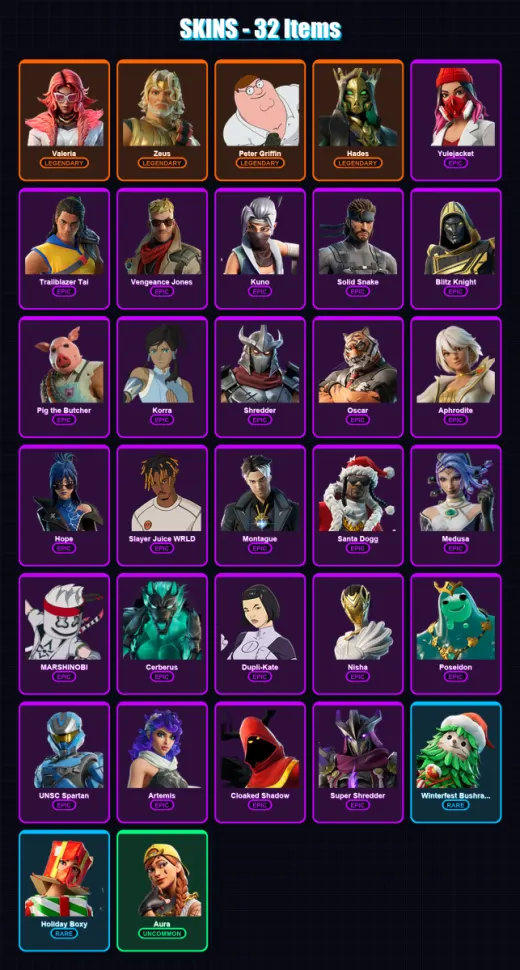 [PC/XBOX/PSN] | Valeria | Zeus | Peter Griffin | Hades | Yulejacket | 32 skin | 89 pickaxe | 58 emote | 57 glider | Lv1141