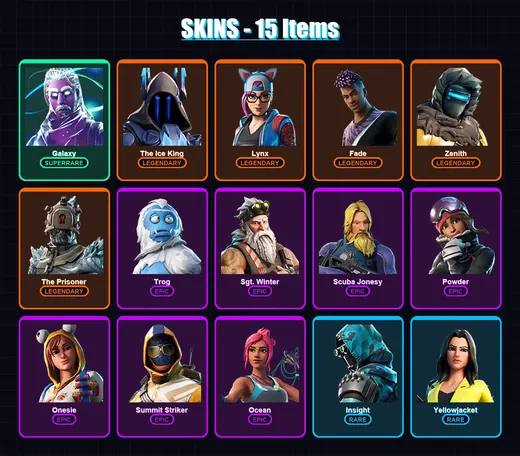 [PC/XBOX/PSN] | Galaxy | The Ice King | Lynx | Fade | Zenith | 15 skin | 18 pickaxe | 22 emote | 19 glider | Lv228