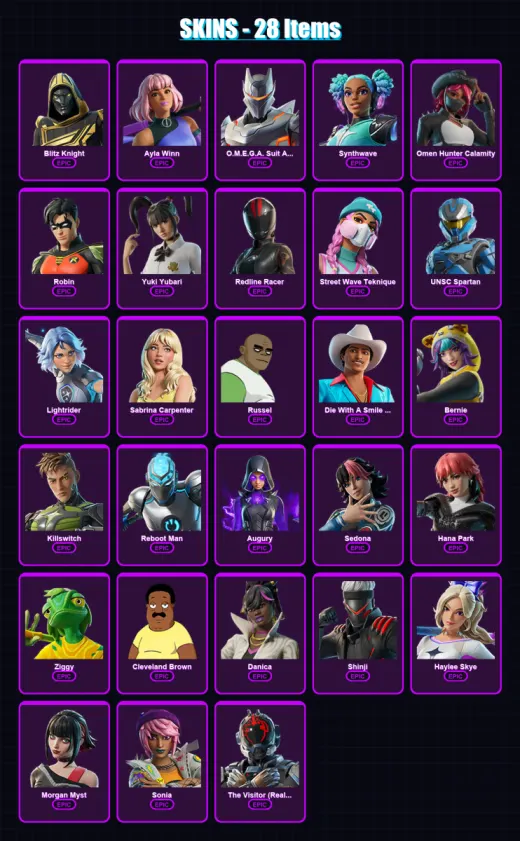 [PC/XBOX] | Blitz Knight | Ayla Winn | O.M.E.G.A. Suit Alpha | Synthwave | Omen Hunter Calamity | 28 skin | 40 pickaxe | 24 emote | 19 glider | Lv24