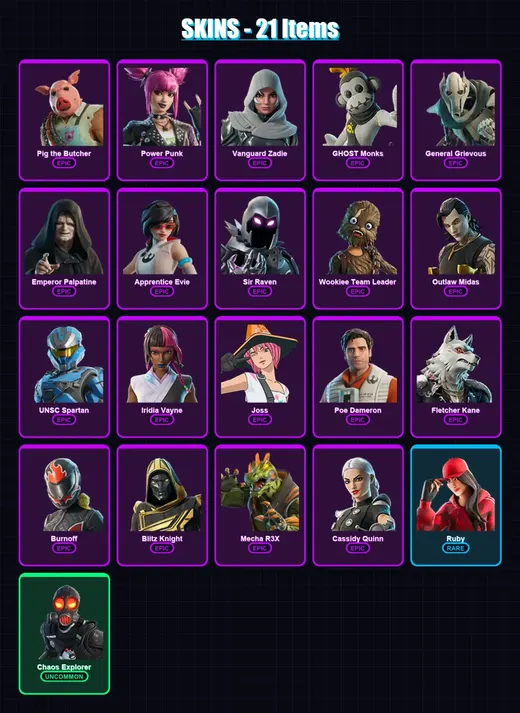 [PC/XBOX] | Pig the Butcher | Power Punk | Vanguard Zadie | GHOST Monks | General Grievous | 21 skin | 66 pickaxe | 33 emote | 42 glider | Lv728