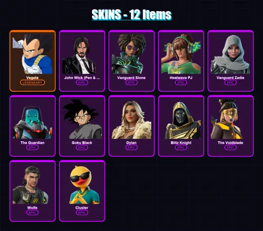[PC/PSN] | Vegeta | John Wick (Pen & Ink) | Vanguard Slone | Heatwave PJ | Vanguard Zadie | 12 skin | 55 pickaxe | 28 emote | 37 glider | Lv488