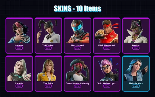 [PC/PSN] | Sedona | Yuki Yubari | Maxx Speed | FIRE Master Kai | Danica | 10 skin | 3 pickaxe | 2 emote | 1 glider | Lv6