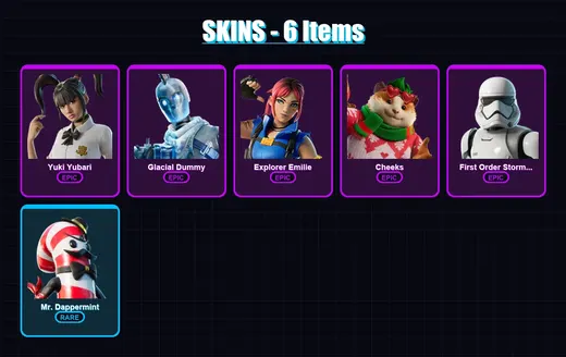 [PC/XBOX/PSN] | Yuki Yubari | Glacial Dummy | Explorer Emilie | Cheeks | First Order Stormtrooper | 6 skin | 14 pickaxe | 6 emote | 5 glider | Lv72