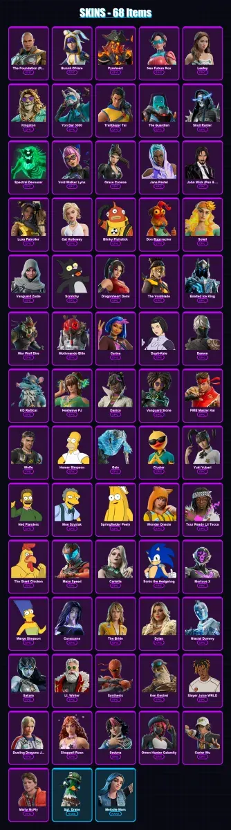 [PC] | The Foundation (Reforged) | Bunnii O'Hare | Pyreheart | Neo Future Rox | Laufey | 68 skin | 109 pickaxe | 63 emote | 61 glider | Lv624