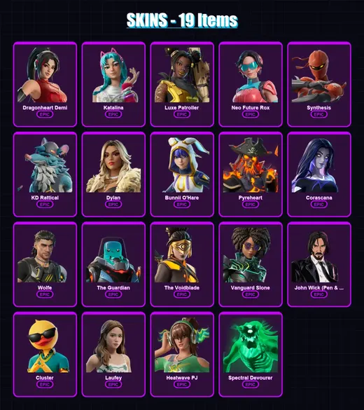 [PC/PSN] | Dragonheart Demi | Katalina | Luxe Patroller | Neo Future Rox | Synthesis | 19 skin | 40 pickaxe | 22 emote | 27 glider | Lv284