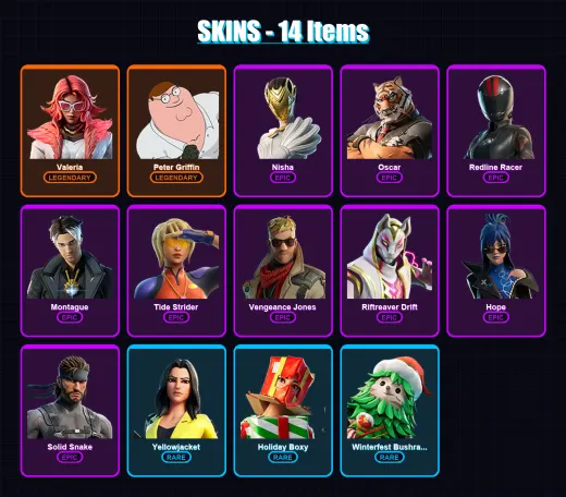 [PC/XBOX/PSN] | Valeria | Peter Griffin | Nisha | Oscar | Redline Racer | 14 skin | 44 pickaxe | 31 emote | 32 glider | Lv442