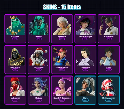 [PC/XBOX/PSN] | Poseidon | Cerberus | Aphrodite | Helsie Midnight | Yuki Yubari | 15 skin | 59 pickaxe | 27 emote | 42 glider | Lv446