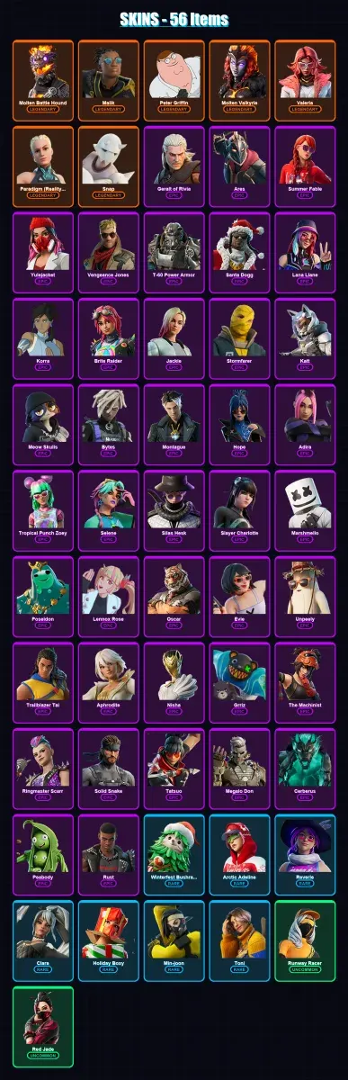 [PC/XBOX/PSN] | Molten Battle Hound | Malik | Peter Griffin | Molten Valkyrie | Valeria | 56 skin | 81 pickaxe | 66 emote | 58 glider | Lv730 — Game account