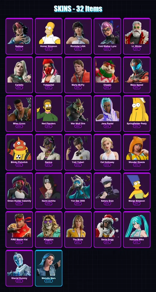 [PC/XBOX/PSN] | Sedona | Homer Simpson | Rockstar LISA | Void Walker Lynx | Lt. Winter | 32 skin | 46 pickaxe | 27 emote | 24 glider | Lv230