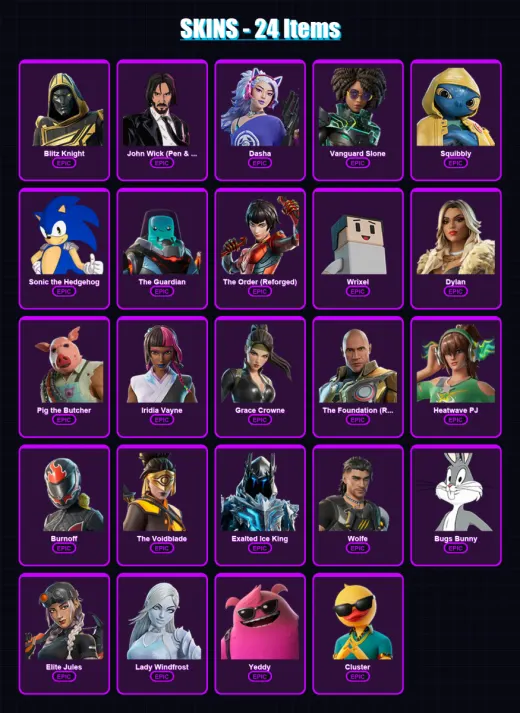[PC/PSN] | Blitz Knight | John Wick (Pen & Ink) | Dasha | Vanguard Slone | Squibbly | 24 skin | 62 pickaxe | 30 emote | 47 glider | Lv605