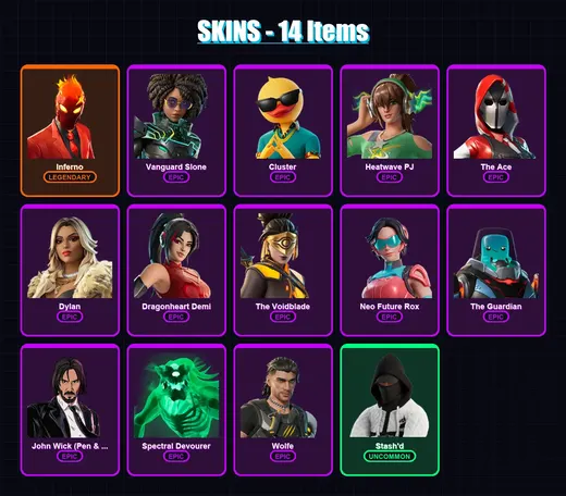 [PS4/PS5/XBOX/PC] | Inferno | Vanguard Slone | Cluster | Heatwave PJ | The Ace | 14 skin | 19 pickaxe | 13 emote | 18 glider | Lv188 — Game account