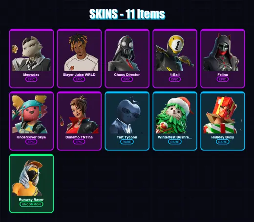[PC/PSN] | Meowdas | Slayer Juice WRLD | Chaos Director | 1-Ball | Felina | 11 skin | 21 pickaxe | 16 emote | 17 glider | Lv306