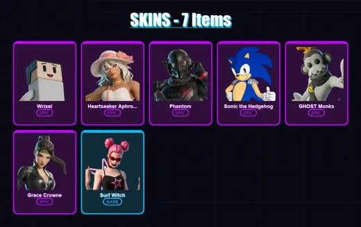 [PC/XBOX/PSN] | Wrixel | Heartseeker Aphrodite | Phantom | Sonic the Hedgehog | GHOST Monks | 7 skin | 14 pickaxe | 3 emote | 10 glider | Lv56