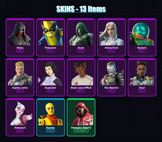 [PC/XBOX/PSN] | Felina | Peelverine | Doom | Emma Frost | Mysterio | 13 skin | 52 pickaxe | 34 emote | 35 glider | Lv562