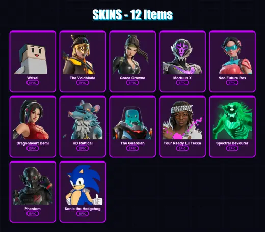 [PC/XBOX/PSN] | Wrixel | The Voidblade | Grace Crowne | Mortuus X | Neo Future Rox | 12 skin | 19 pickaxe | 6 emote | 12 glider | Lv51