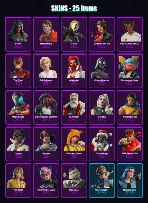 [PC/PSN] | Felina | Marty McFly | 1-Ball | Dynamo TNTina | Slayer Juice WRLD | 25 skin | 52 pickaxe | 25 emote | 31 glider | Lv727