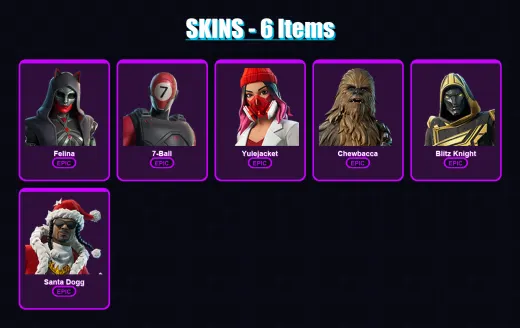 [SWITCH/XBOX/PSN/PC] | Felina | 7-Ball | Yulejacket | Chewbacca | Blitz Knight | 6 skin | 53 pickaxe | 17 emote | 31 glider | Lv468