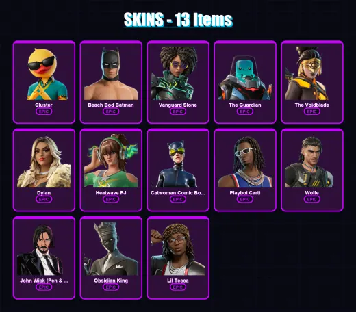[PC/XBOX/PSN] | Cluster | Beach Bod Batman | Vanguard Slone | The Guardian | The Voidblade | 13 skin | 34 pickaxe | 30 emote | 25 glider | Lv645