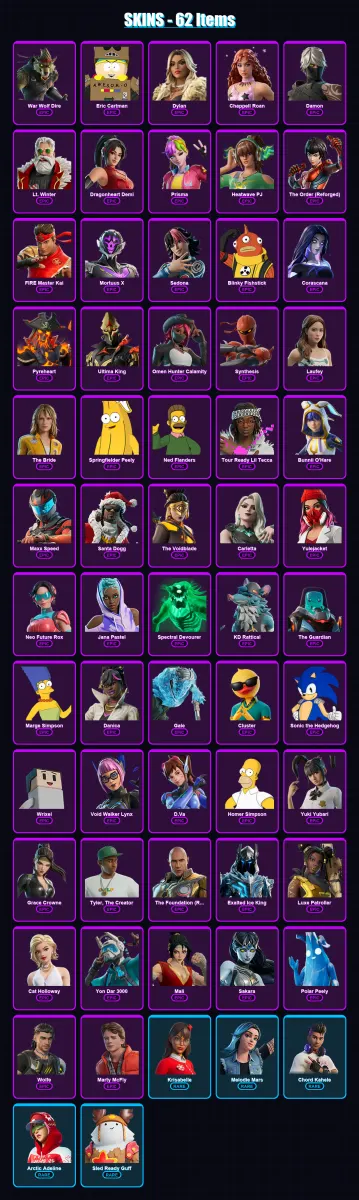 [PC/XBOX/PSN] | War Wolf Dire | Eric Cartman | Dylan | Chappell Roan | Damon | 62 skin | 103 pickaxe | 71 emote | 62 glider | Lv722