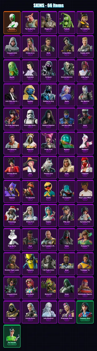 [PS4/PS5/XBOX/PC] | Backlash | Pig the Butcher | Megalo Don | Peabody | The Voidblade | 66 skin | 120 pickaxe | 85 emote | 85 glider | Lv1506