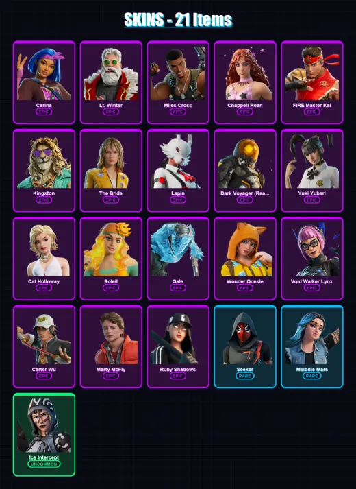 [PC/PSN] | Carina | Lt. Winter | Miles Cross | Chappell Roan | FIRE Master Kai | 21 skin | 39 pickaxe | 27 emote | 29 glider | Lv327