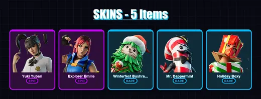 [PC/XBOX/PSN] | Yuki Yubari | Explorer Emilie | Winterfest Bushranger | Mr. Dappermint | Holiday Boxy | 5 skin | 6 pickaxe | 4 emote | 8 glider | Lv — Game account