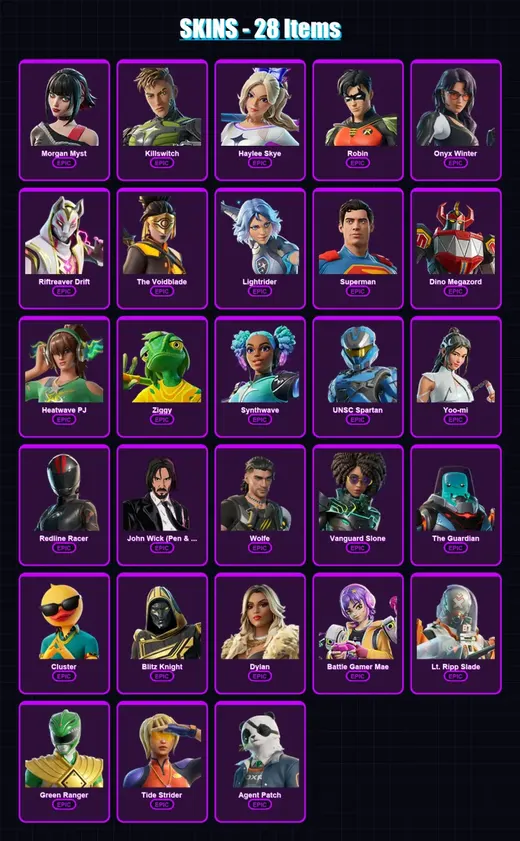[PS4/PS5/XBOX/PC] | Morgan Myst | Killswitch | Haylee Skye | Robin | Onyx Winter | 28 skin | 57 pickaxe | 40 emote | 50 glider | Lv601 — Game account