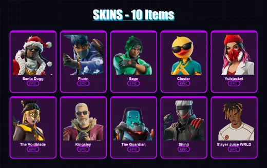 [PS4/PS5/XBOX/PC] | Santa Dogg | Florin | Sage | Cluster | Yulejacket | 10 skin | 40 pickaxe | 15 emote | 18 glider | Lv122