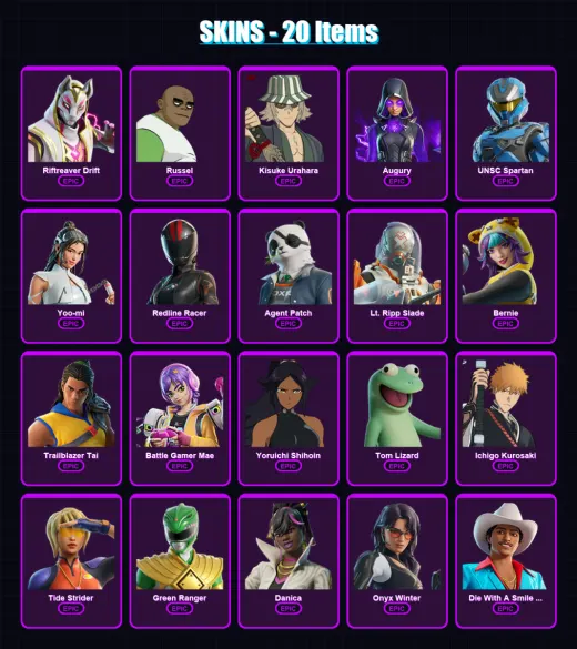 [PC/PSN] | Riftreaver Drift | Russel | Kisuke Urahara | Augury | UNSC Spartan | 20 skin | 42 pickaxe | 30 emote | 24 glider | Lv242