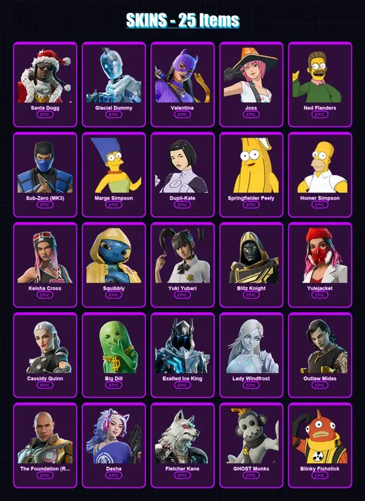 [PC/PSN] | Santa Dogg | Glacial Dummy | Valentina | Joss | Ned Flanders | 25 skin | 87 pickaxe | 32 emote | 52 glider | Lv805 — Game account