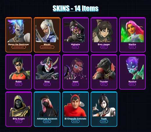 [PC/XBOX/PSN] | Renzo the Destroyer | Mizuki | Highwire | Eren Jaeger | Starfire | 14 skin | 24 pickaxe | 21 emote | 22 glider | Lv259