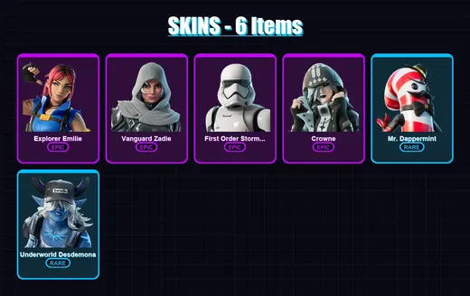 [PC/PSN] | Explorer Emilie | Vanguard Zadie | First Order Stormtrooper | Crowne | Mr. Dappermint | 6 skin | 25 pickaxe | 11 emote | 23 glider | Lv25