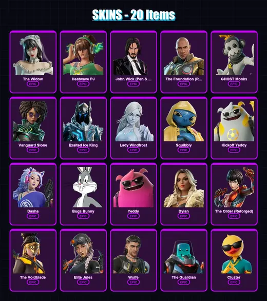 [PC] | The Widow | Heatwave PJ | John Wick (Pen & Ink) | The Foundation (Reforged) | GHOST Monks | 20 skin | 32 pickaxe | 28 emote | 26 glider | Lv3