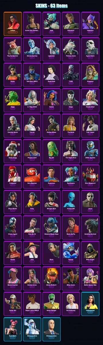 [PC/XBOX/PSN] | Joltara | Iconic Kim Kardashian | Jade | Killswitch | Valentina | 63 skin | 112 pickaxe | 82 emote | 73 glider | Lv1321