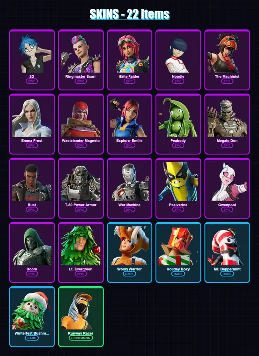 [PC] | 2D | Ringmaster Scarr | Brite Raider | Noodle | The Machinist | 22 skin | 57 pickaxe | 38 emote | 56 glider | Lv758
