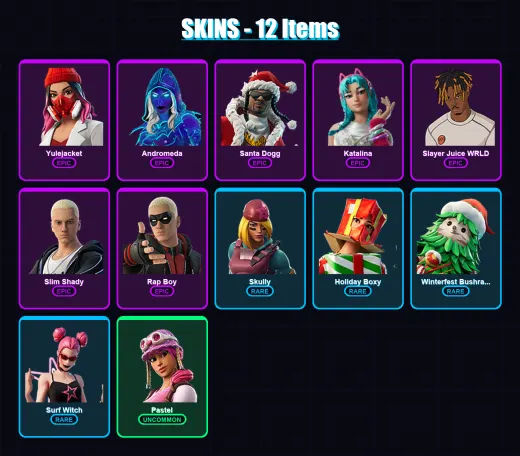 [SWITCH/PSN/PC] | Yulejacket | Andromeda | Santa Dogg | Katalina | Slayer Juice WRLD | 12 skin | 34 pickaxe | 14 emote | 21 glider | Lv259