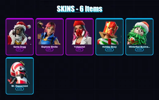 [SWITCH/PSN/PC] | Santa Dogg | Explorer Emilie | Yulejacket | Holiday Boxy | Winterfest Bushranger | 6 skin | 20 pickaxe | 8 emote | 16 glider | Lv2