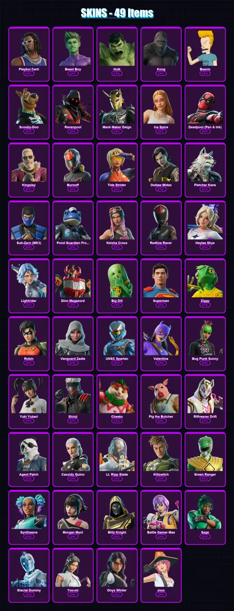 [PC/XBOX] | Playboi Carti | Beast Boy | Hulk | Kong | Beavis | 49 skin | 105 pickaxe | 74 emote | 62 glider | Lv1143