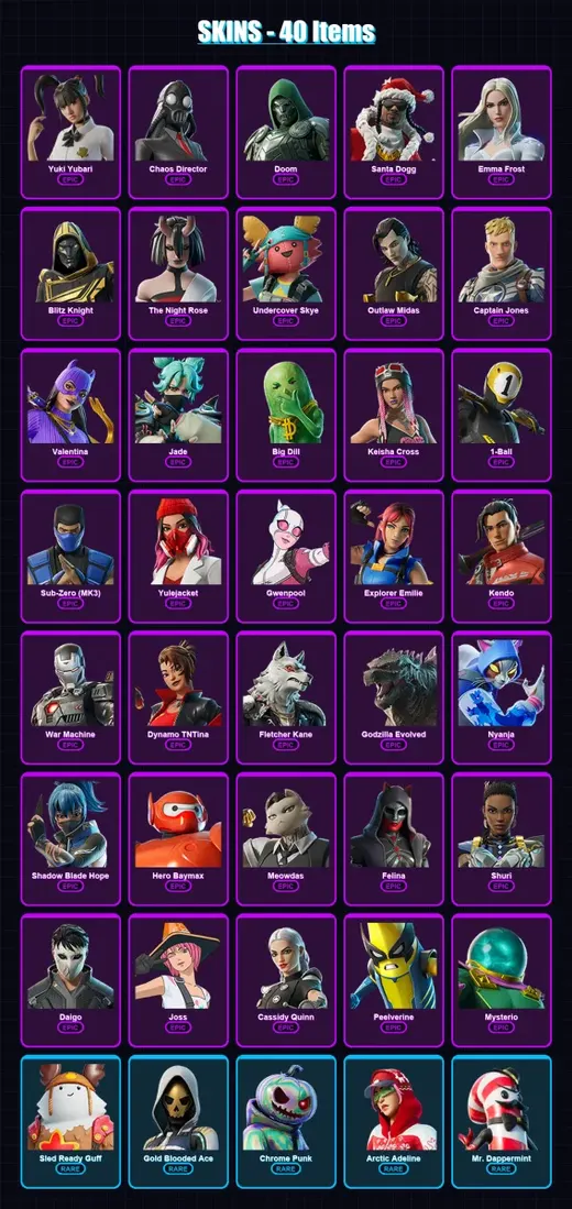 [PC/XBOX] | Yuki Yubari | Chaos Director | Doom | Santa Dogg | Emma Frost | 40 skin | 91 pickaxe | 47 emote | 64 glider | Lv1164