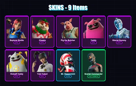 [PC/XBOX/PSN] | Explorer Emilie | Cheeks | Pig the Butcher | Yeddy | Glacial Dummy | 9 skin | 54 pickaxe | 17 emote | 36 glider | Lv538