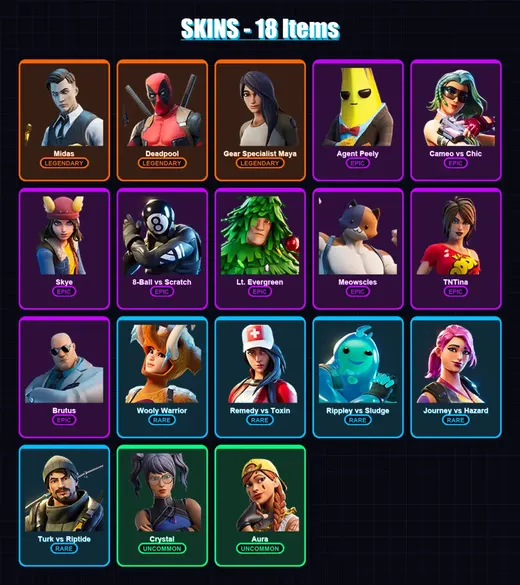 [PC/XBOX/PSN] | Midas | Deadpool | Gear Specialist Maya | Agent Peely | Cameo vs Chic | 18 skin | 17 pickaxe | 23 emote | 19 glider | Lv296