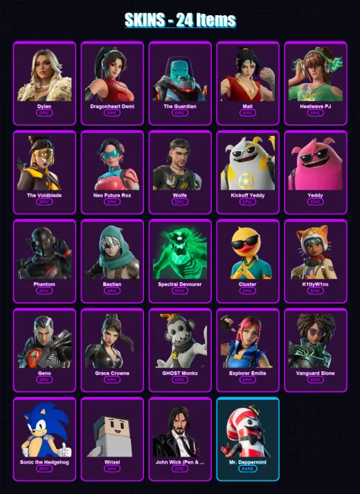 [PC] | Dylan | Dragonheart Demi | The Guardian | Mali | Heatwave PJ | 24 skin | 45 pickaxe | 26 emote | 39 glider | Lv621