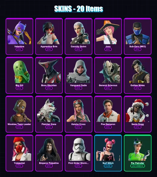 [SWITCH/XBOX/PSN/PC] | Valentina | Apprentice Evie | Cassidy Quinn | Joss | Sub-Zero (MK3) | 20 skin | 53 pickaxe | 30 emote | 37 glider | Lv598