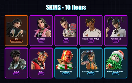 [PS4/PS5/XBOX/PC] | Era | Mariposa | Relik | Slayer Juice WRLD | Yuki Yubari | 10 skin | 25 pickaxe | 10 emote | 20 glider | Lv196 — Game account