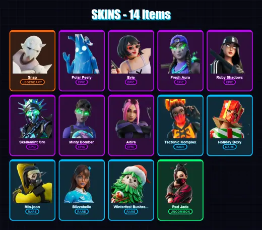 [PC/XBOX/PSN] | Snap | Polar Peely | Evie | Fresh Aura | Ruby Shadows | 14 skin | 33 pickaxe | 18 emote | 21 glider | Lv340