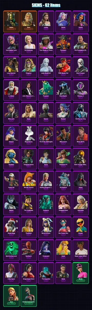 [PC/PSN] | Hades | Zeus | Laufey | Dasha | Carina | 62 skin | 120 pickaxe | 68 emote | 77 glider | Lv1207