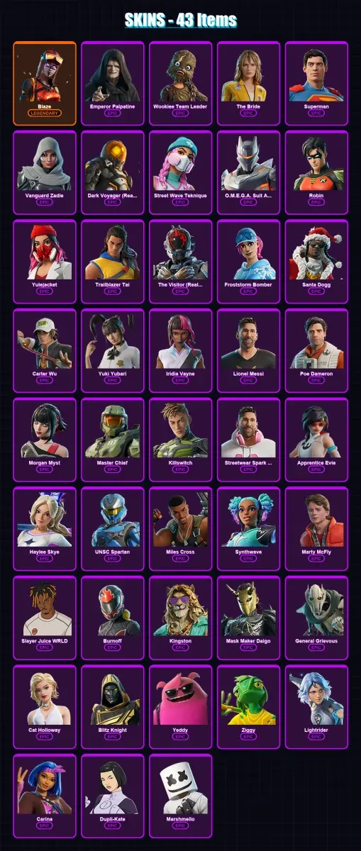 [PS4/PS5/XBOX/PC] | Blaze | Emperor Palpatine | Wookiee Team Leader | The Bride | Superman | 43 skin | 106 pickaxe | 72 emote | 71 glider | Lv1777 — Game account